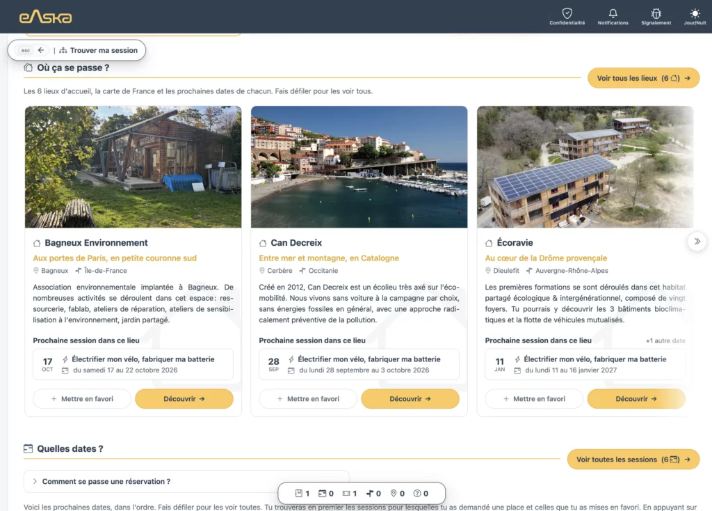 Le tableau de bord d'action.eAska.org : les lieux d'accueil et les prochaines dates